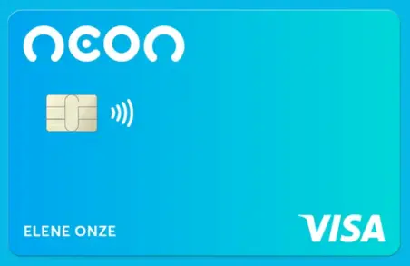 Neon em sua versão física, com design moderno e o logo do banco Neon destacado.