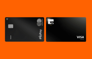 Ilustração comparativa entre os cartões de crédito XP Black e PicPay Black sobre fundo moderno e tecnológico.