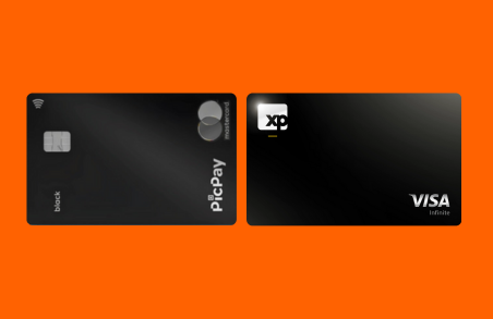 Ilustração comparativa entre os cartões de crédito XP Black e PicPay Black sobre fundo moderno e tecnológico.